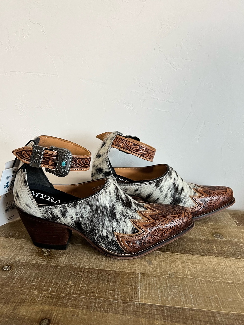 Myra Cowhide Mary Jane Mule Booties Tooled Leather Western Shoe 8